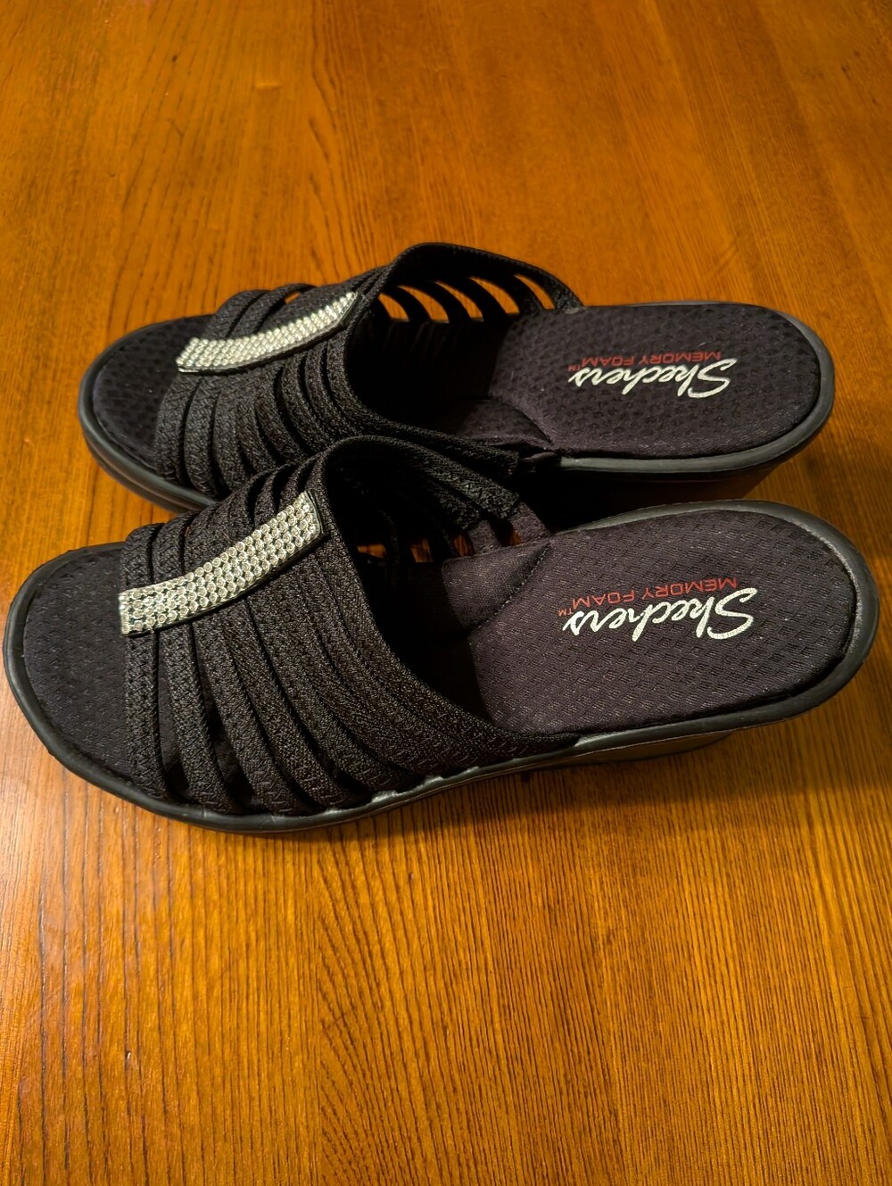 Skechers Black Slide Wedge Slip-in Sandals with Rhinestone accents, Size 10